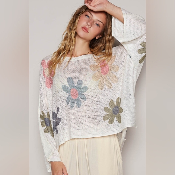 POL Sweaters - POL Daisy Retro Color Contrast Flower Top Oversized Shirt Pullover Knit Sweater